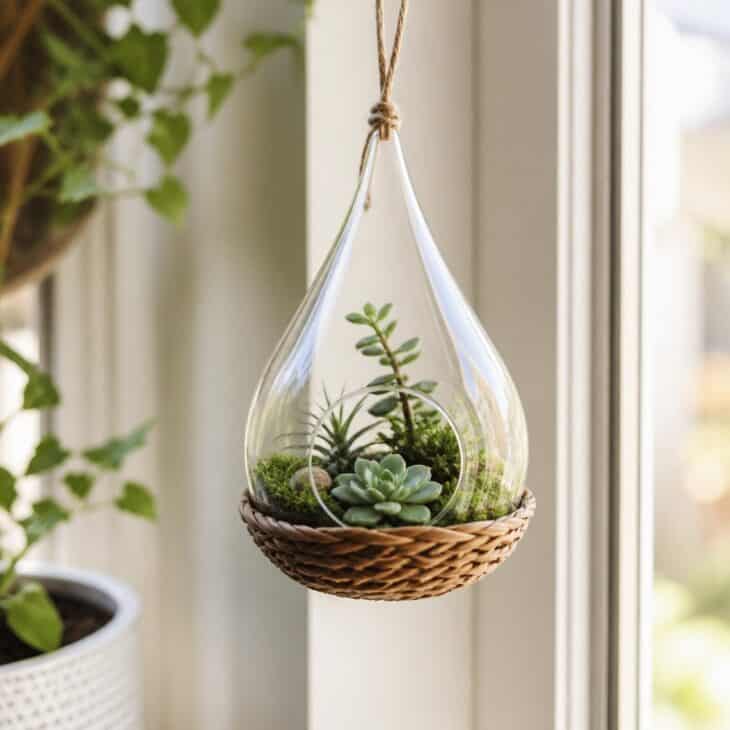 A teardrop terrarium looks like a balloon with a garden inside.