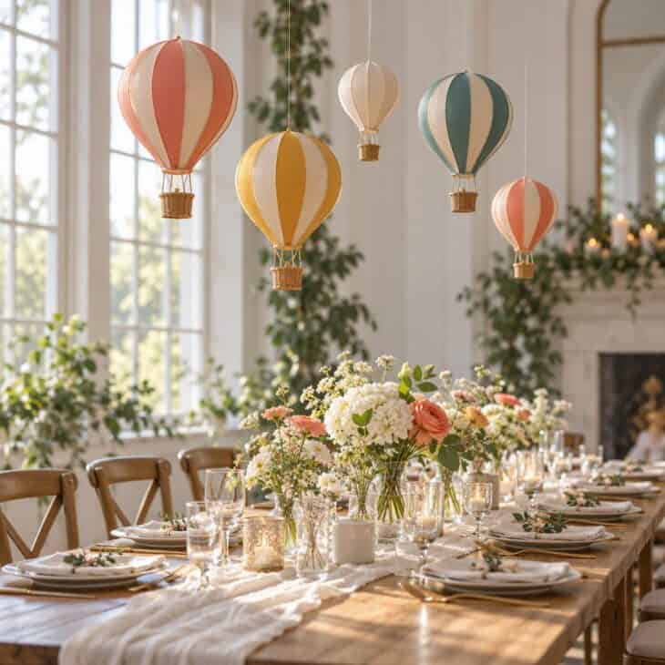 Hanging balloons add height without crowding the plates.
