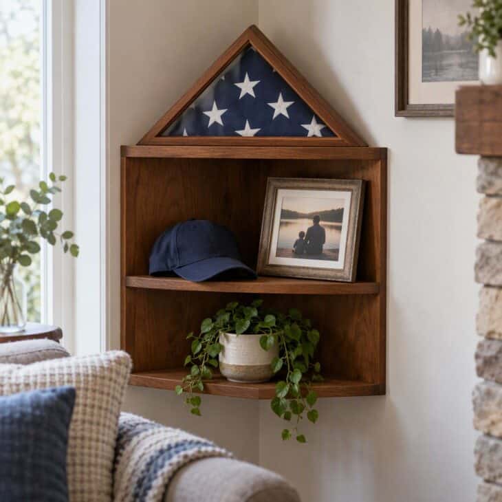A corner shelf gives a small space a respectful display.