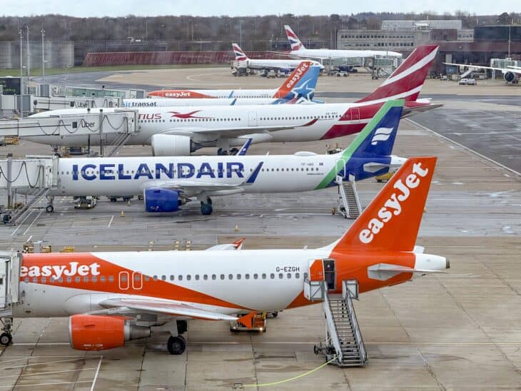 easyJet, Icelandair and other airliners parked at Gatwick's South Terminal