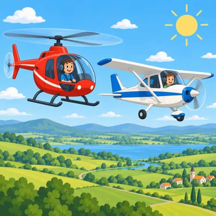A helicopter and a small plane share the sky.