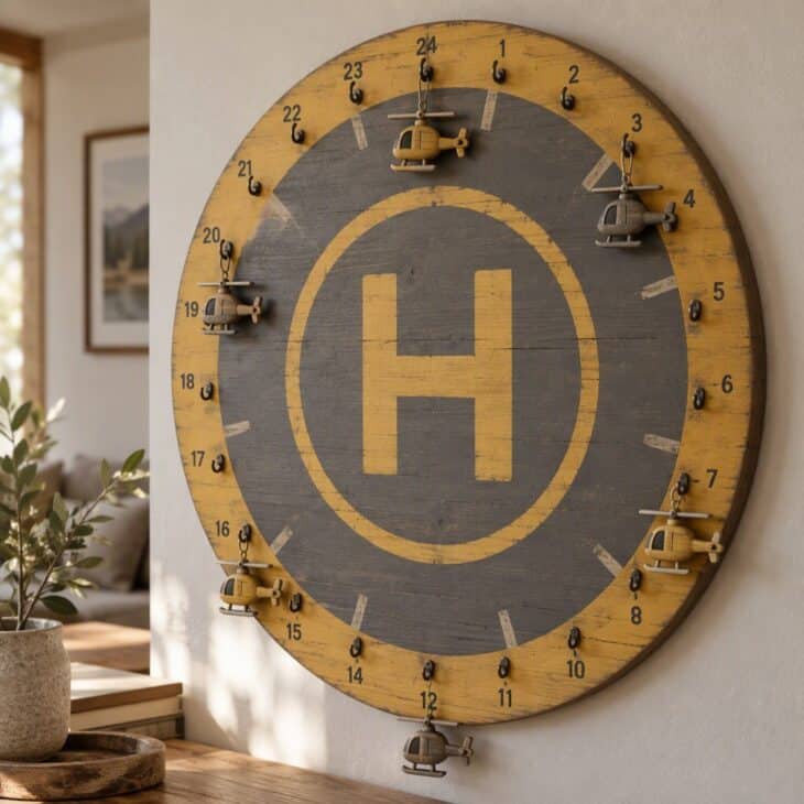 A landing pad with a wooden helicopter for each hook.