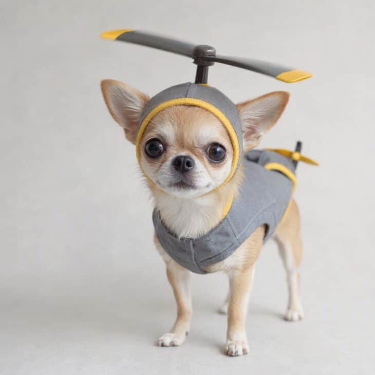A chihuahua wearing a hat with two foam rotor blades and a small tail rotor on its vest.