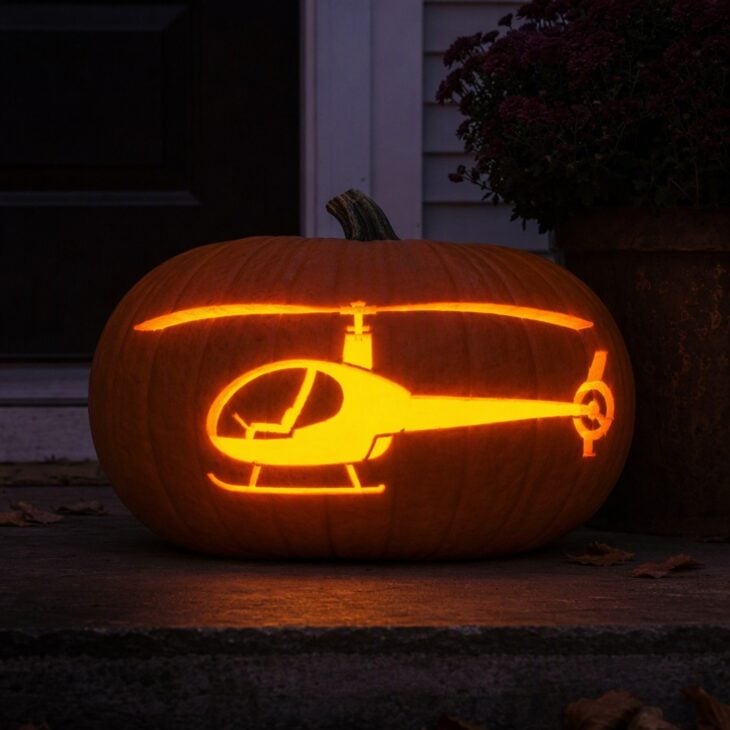 A wide pumpkin carved with a glowing helicopter silhouette with a bubble cockpit and a long tail boom.