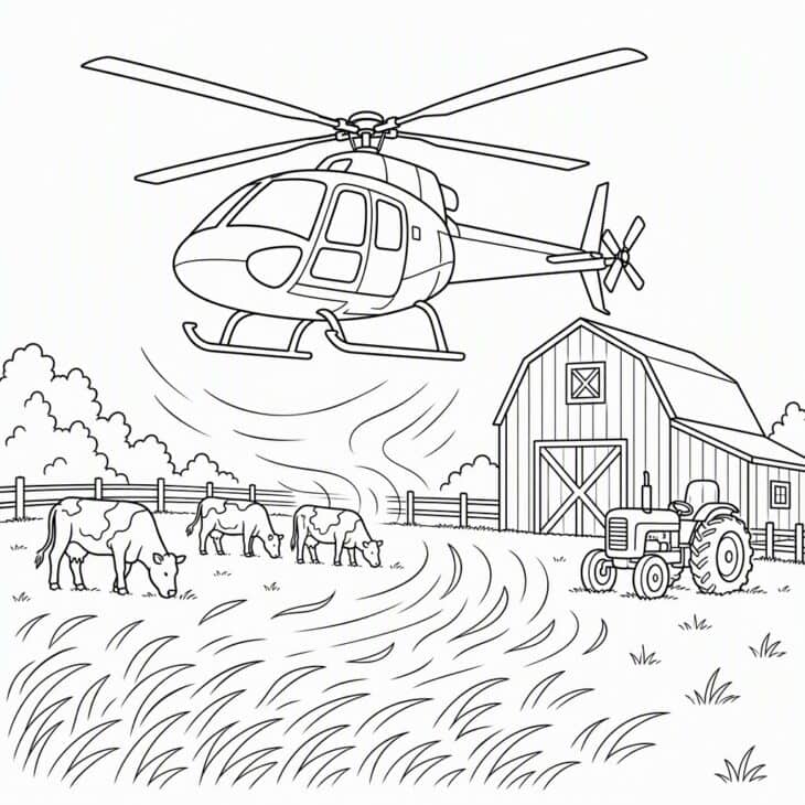 Barn, tractor and cows give a lively ground scene.