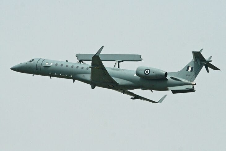 Hellenic Air Force Embraer EMB-145H Erieye radar aircraft in flight with its radar spine visible