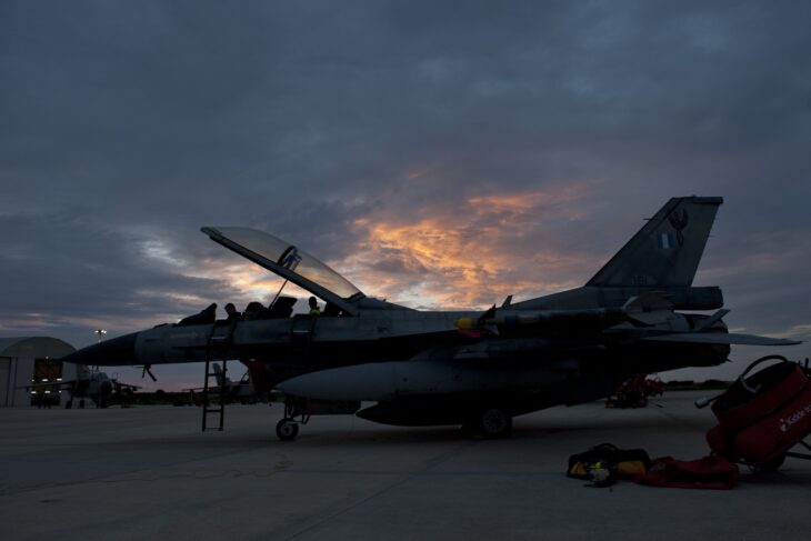 Hellenic Air Force F-16 in the evening light at a NATO exercise, Greek roundel on the tail