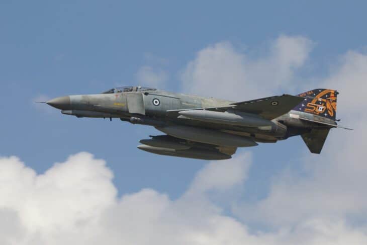 Hellenic Air Force F-4E Phantom II in grey rolling out with its tail-art livery