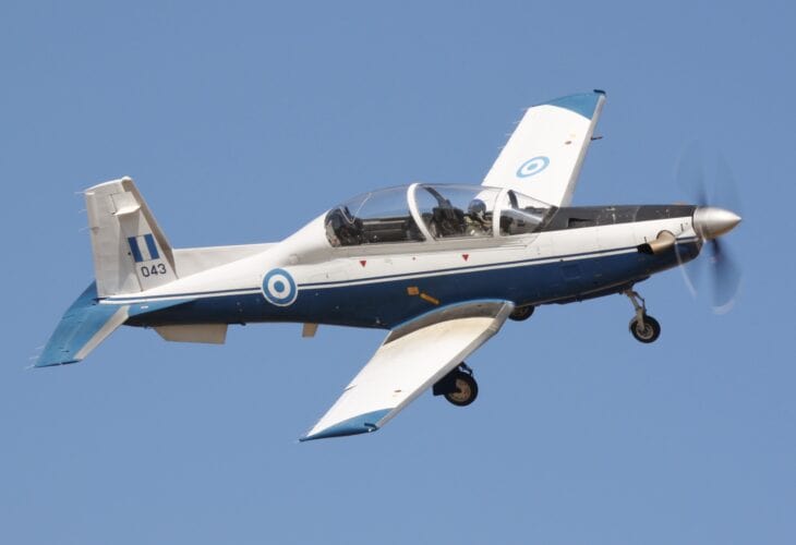 Hellenic Air Force T-6A Texan II trainer in flight over Kalamata