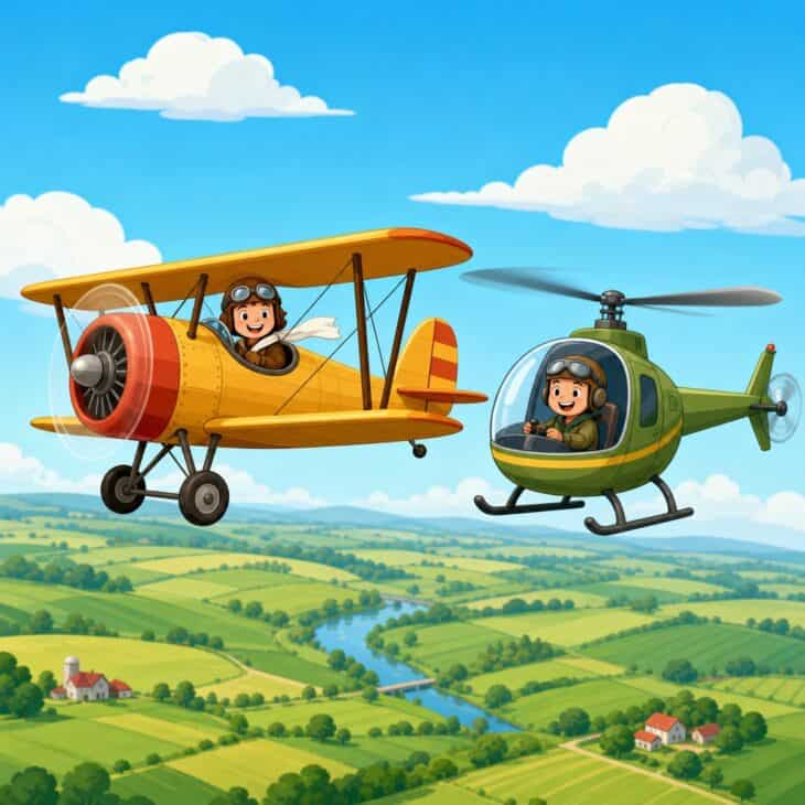 A biplane and a helicopter share the sky.