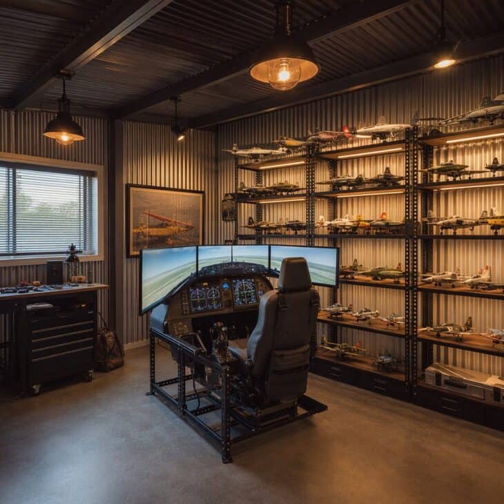 Corrugated panels and steel shelves give a spare room hangar character.