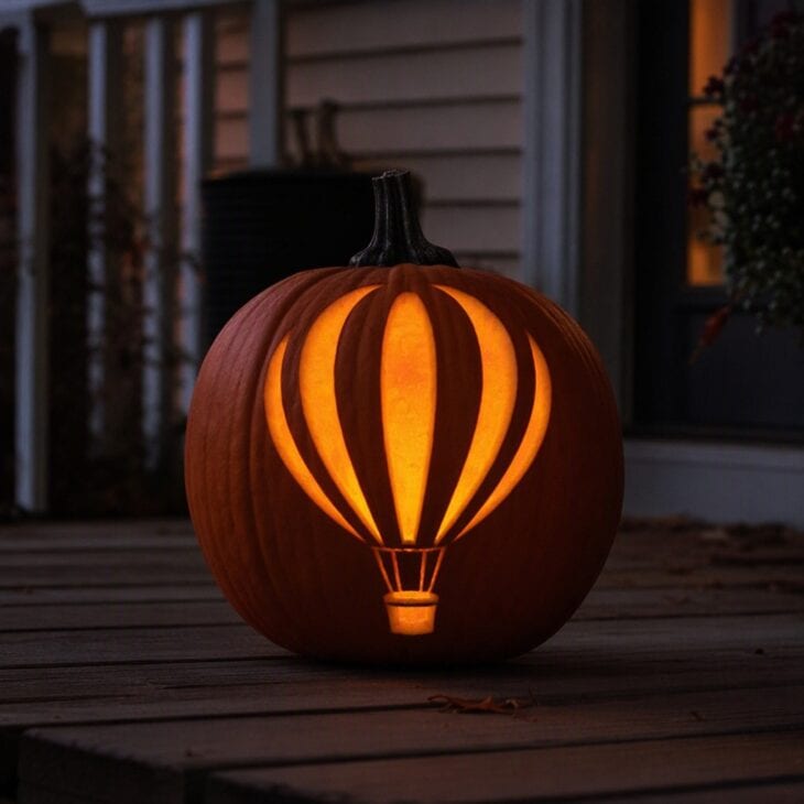 A round orange pumpkin carved with curved vertical stripes like a hot air balloon, with a small glowing basket cutout at the bottom.