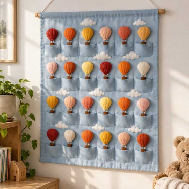 Felt balloons rising up a soft felt sky.