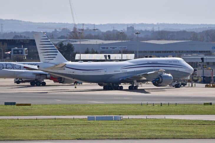 Qatar Amiri Flight Boeing 747-8 A7-HBJ parked on the ramp at an airport