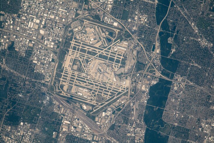 Satellite view from the International Space Station of Chicago O'Hare's web of runways