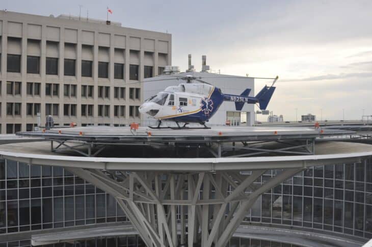 LifeFlight air medical helicopter on the elevated helipad of Baptist Medical Center in Jacksonville, Florida