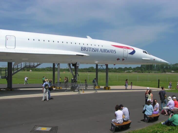 Concorde G-BOAF on display at Filton with visitors seated in front