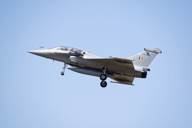 Indian Air Force Dassault Rafale RB005 in flight with gear down