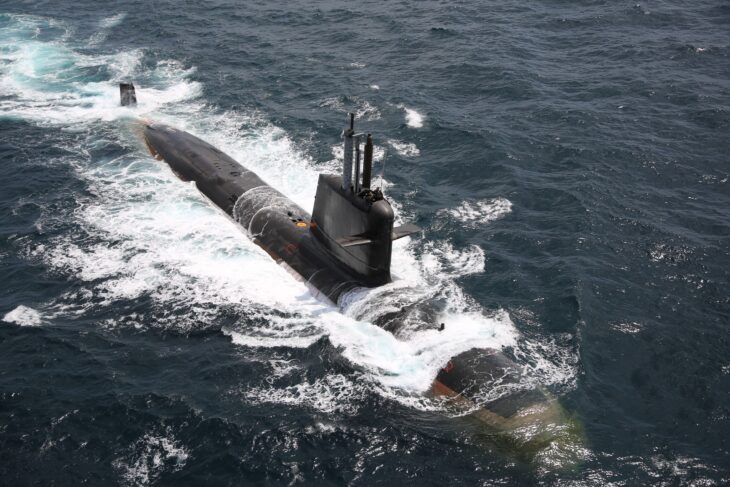 INS Kalvari (S21) submarine at sea on the surface