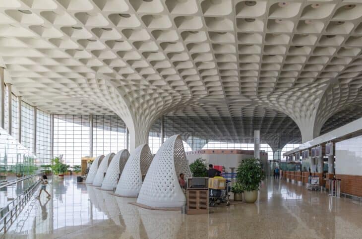 Departures hall of Terminal 2 at Mumbai airport with its patterned concrete canopy