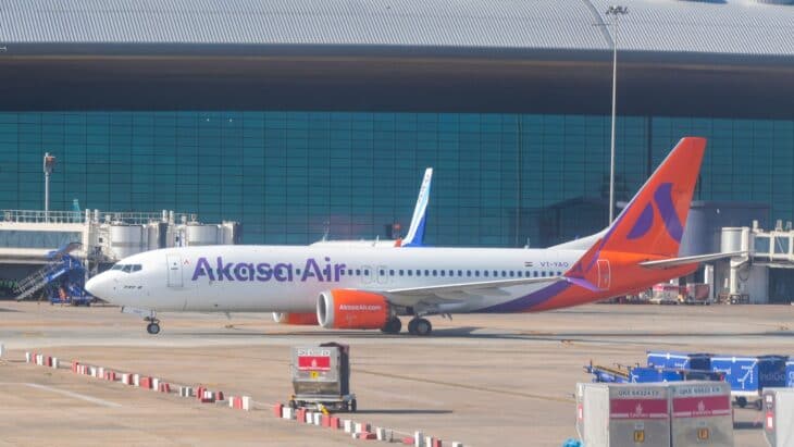 Akasa Air Boeing 737 MAX 8 VT-YAO parked at a gate at Chennai airport