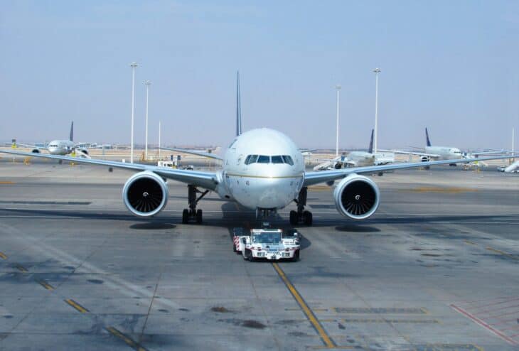 Saudia Boeing 777-300ER HZ-AK40 being pushed back at King Khalid International Airport in Riyadh