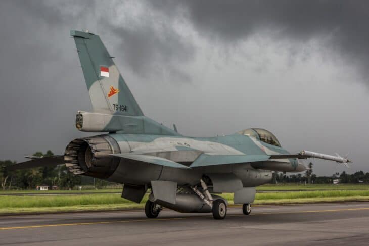 Indonesian Air Force F-16C taxiing at the end of a rain shower