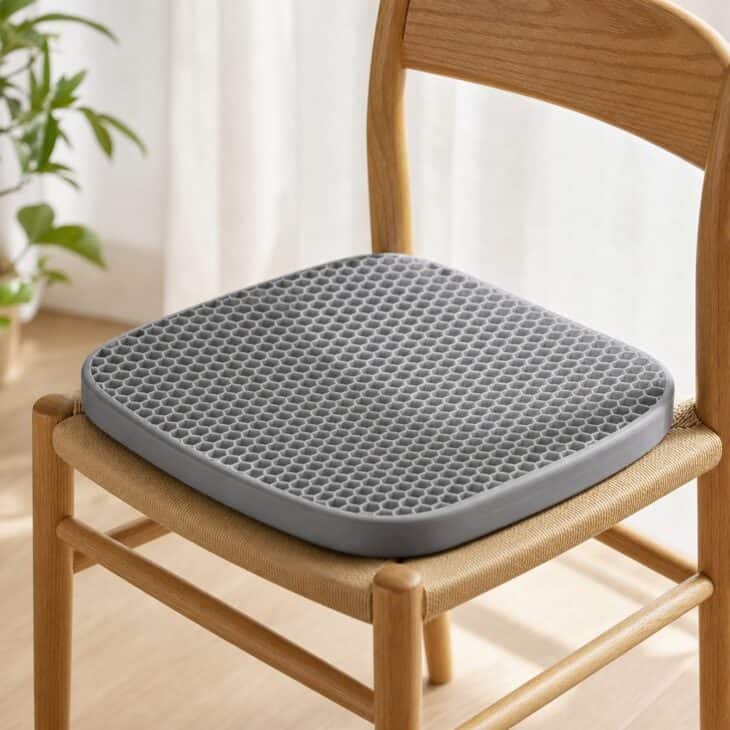 Grey honeycomb gel seat cushion on a wooden chair