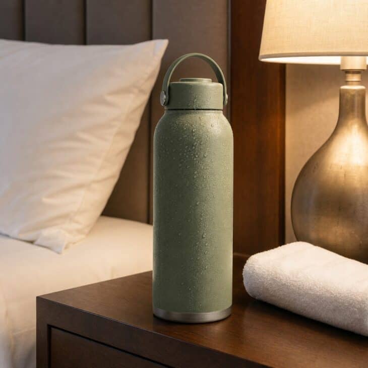 An insulated bottle keeps water cold from the first flight to the hotel.