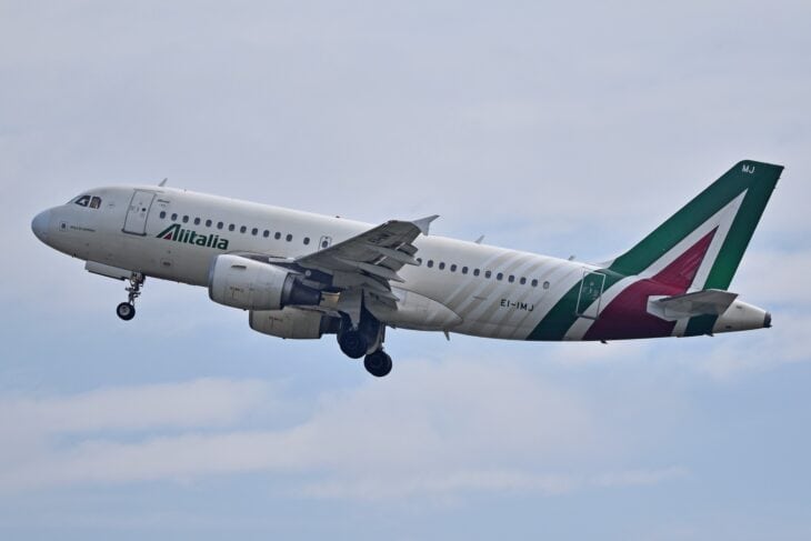 ITA Airways Airbus A319 EI-IMJ climbing away from Milan Linate Airport with its landing gear extended