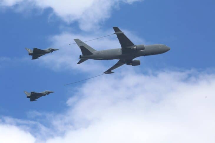 Italian Air Force KC-767A tanker refuelling two Typhoons