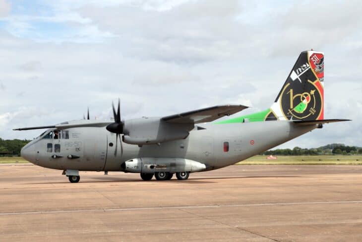Italian Air Force Alenia C-27J Spartan parked with a commemorative tail