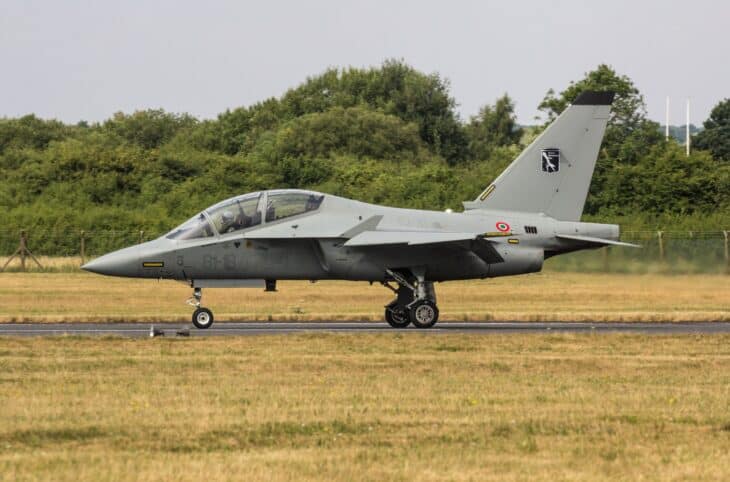Italian Air Force M-346 Master trainer taxiing on grass