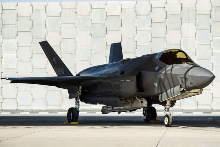 Italian Air Force F-35A parked in a hardened shelter after arriving in the Middle East