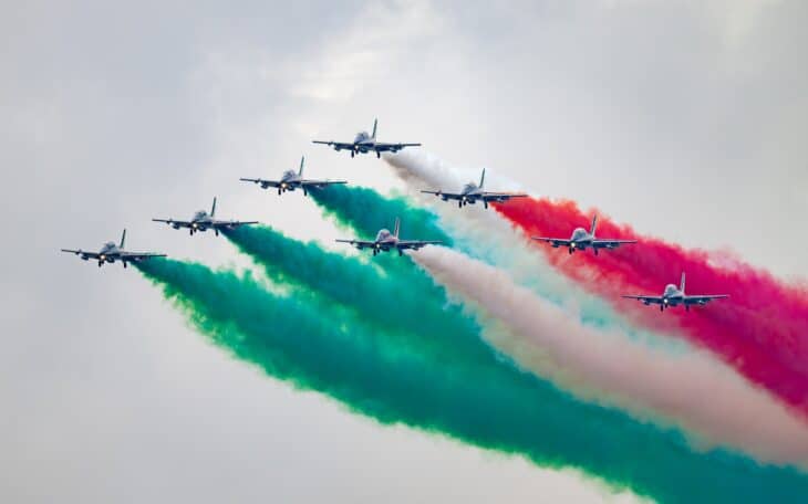Frecce Tricolori MB-339PAN team trailing green, white and red smoke