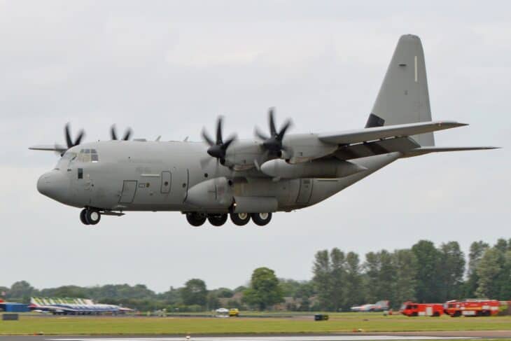 Italian Air Force C-130J Hercules on approach with landing gear down