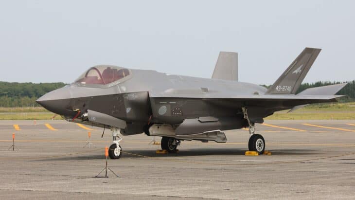 JASDF Lockheed Martin F-35A Lightning II parked on the ramp at an airbase festival
