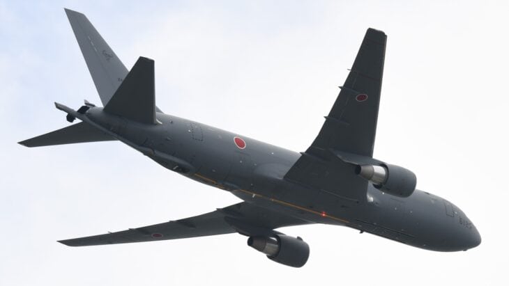 JASDF Boeing KC-46A Pegasus 24-3612 banking overhead at Miho Air Base