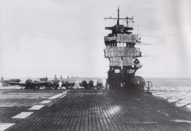 Akagi's flight deck and port-side island after the 1935 to 1938 rebuild, with aircraft parked forward