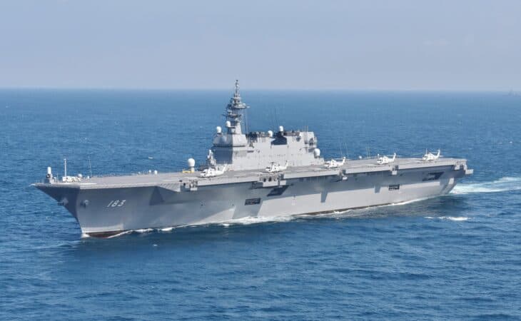 JS Izumo (DDH-183) at sea, a flat-topped Japanese helicopter destroyer