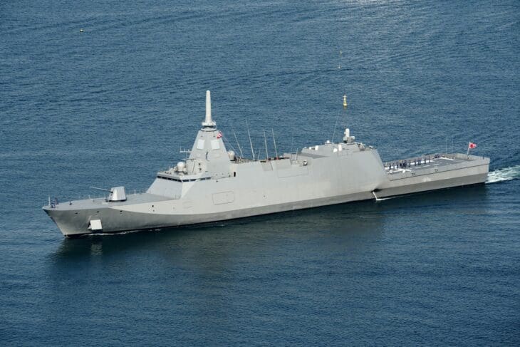 Mogami-class frigate at sea from above, grey stealth hull