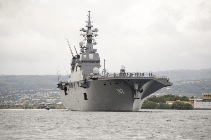 Hyuga-class helicopter destroyer JS Ise (DDH-182) with crew lining the deck