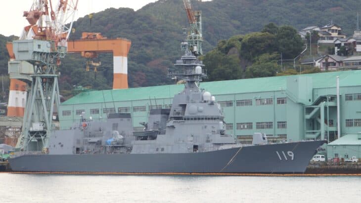 JS Asahi (DD-119) alongside at the Mitsubishi shipyard in Nagasaki