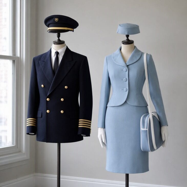 A 1960s pilot jacket and a powder blue skirt suit with gloves and a pillbox hat.