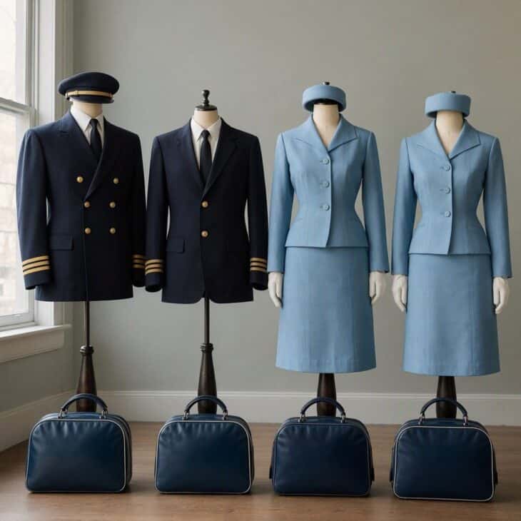 Two 1960s pilot jackets and two powder blue skirt suits with pillbox hats and white gloves.