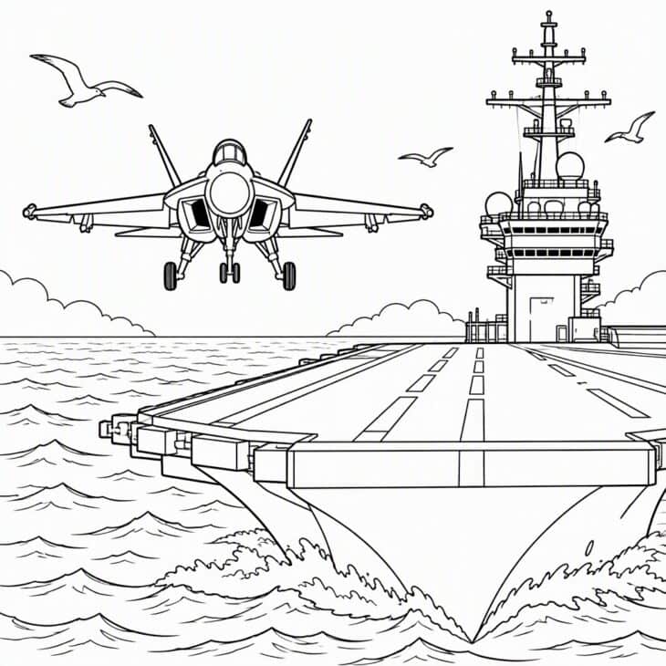 Waves, deck lines and a ship make a busy, rewarding page.