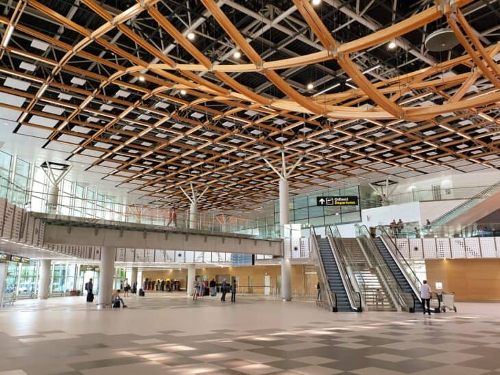 Departures hall of the new passenger terminal at Split Airport with a timber lattice roof