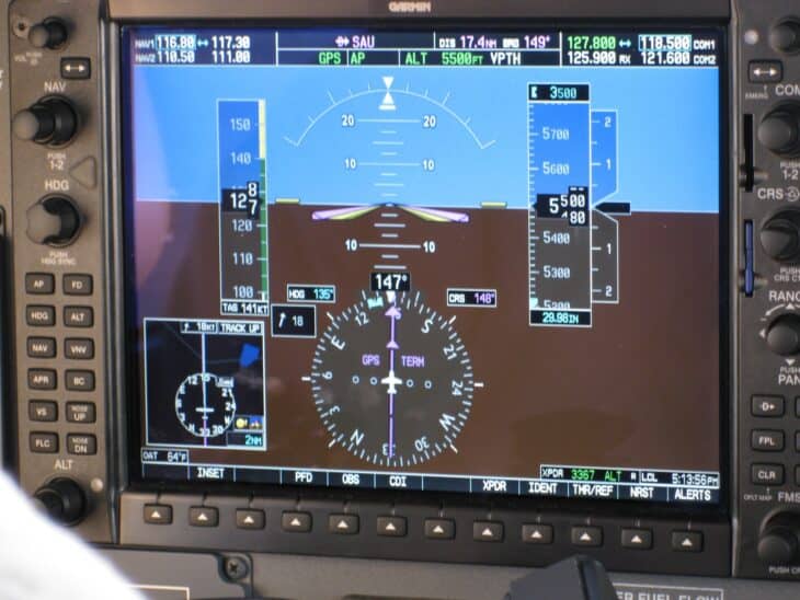 Garmin G1000 primary flight display showing the artificial horizon, airspeed and altitude tapes