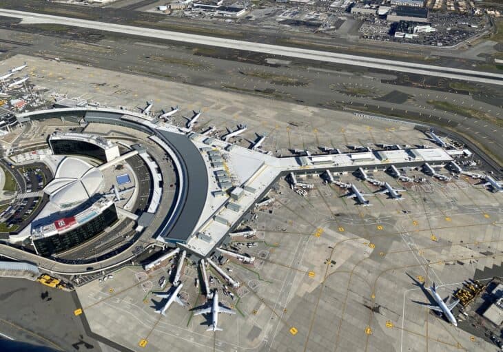 Aerial view of JFK Terminal 5 and its aircraft stands