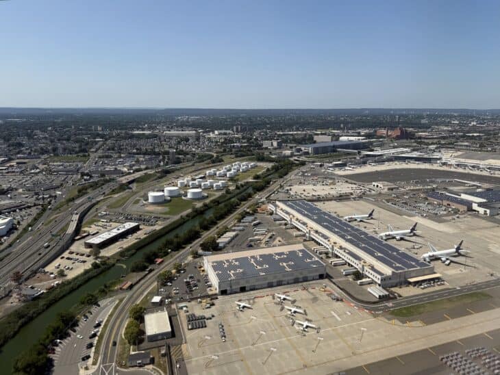 View across the southwest edge of Newark Liberty Airport with aircraft at the terminals